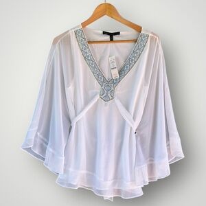 White House Black Market White Sheer Blouse with Blue Accents